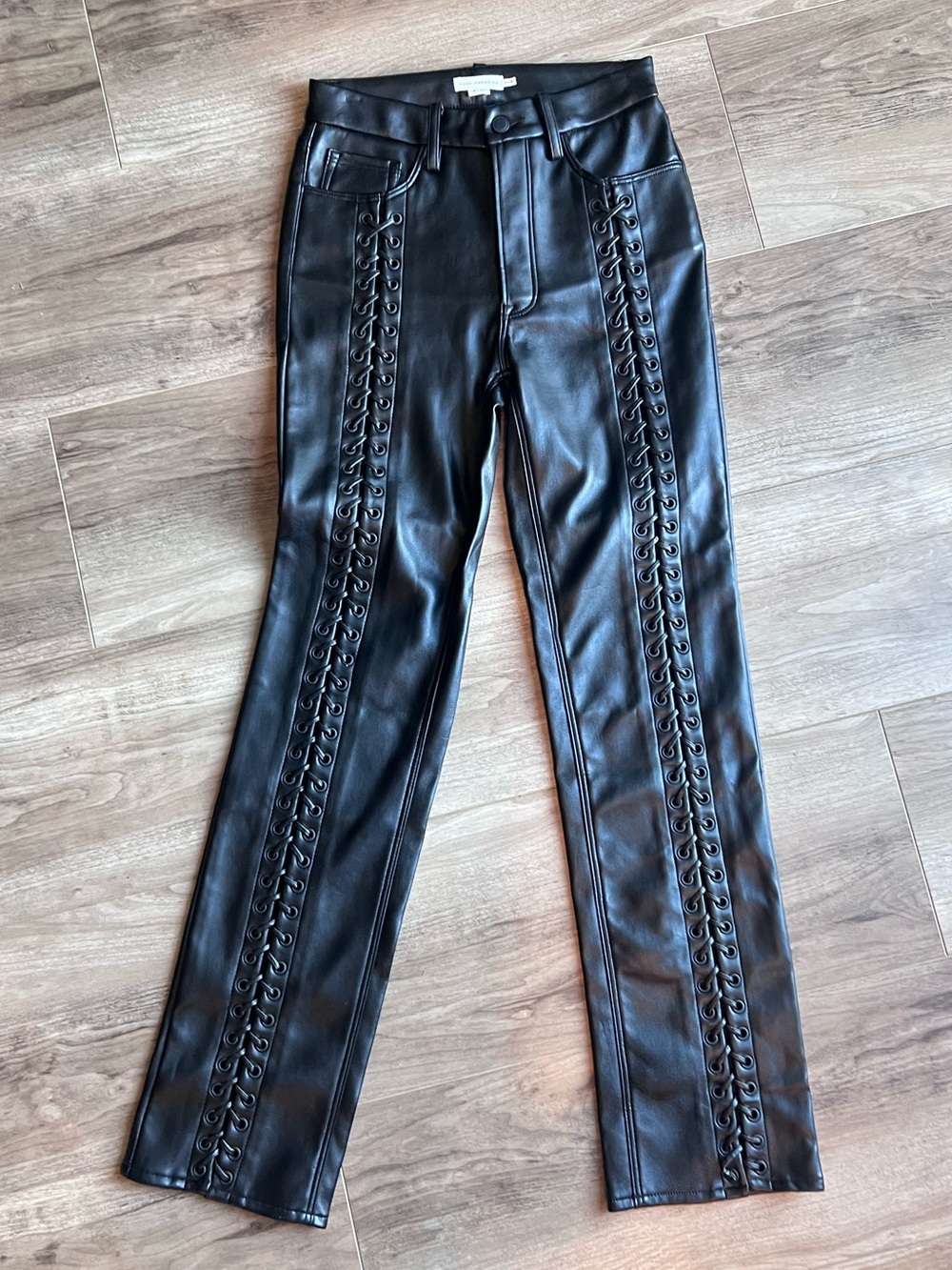 Good American sexy Black Faux Leather pants laced up the front size 27